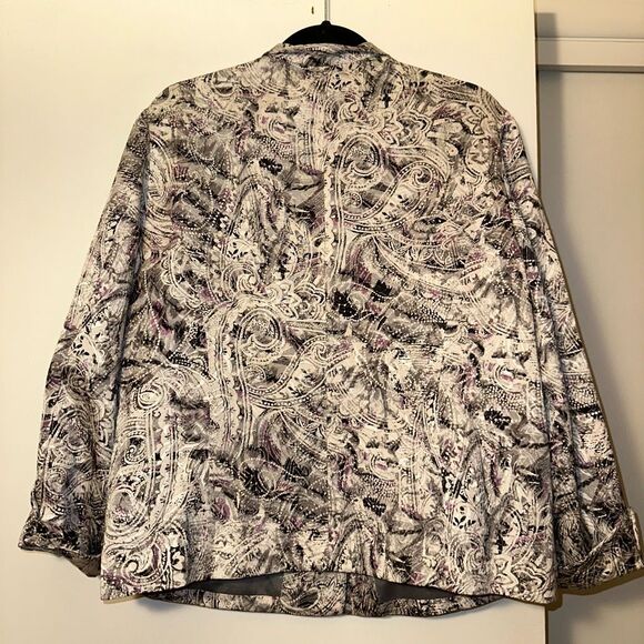 Chicos XL (Sz 3) Silk Blend Blazer Jacket White Black Purple Abstract Womens EUC - Picture 5 of 12